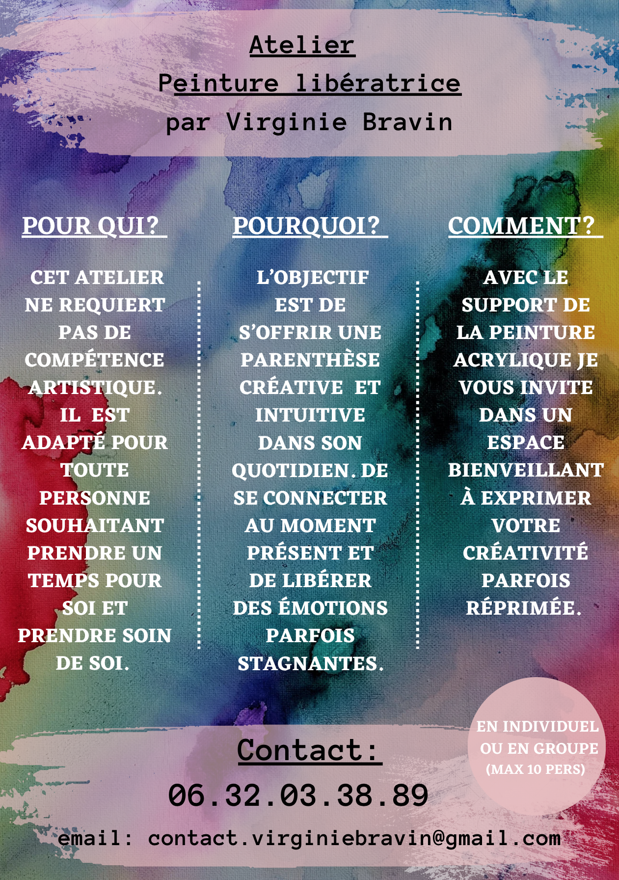 flyer, affiche de présentation de l'atelier de peinture libératrice, art thérapie de Virginie BRAVIN