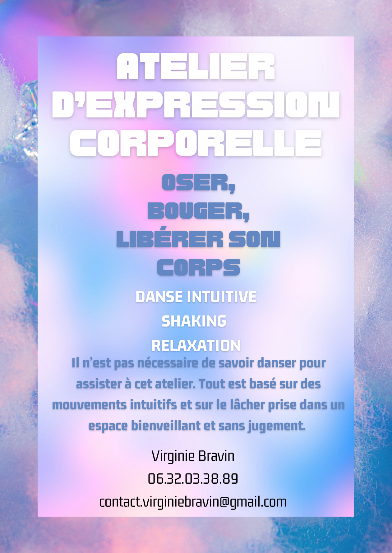 flyer, affiche de présentation de l'atelier d'expression corporelle de Virginie BRAVIN
