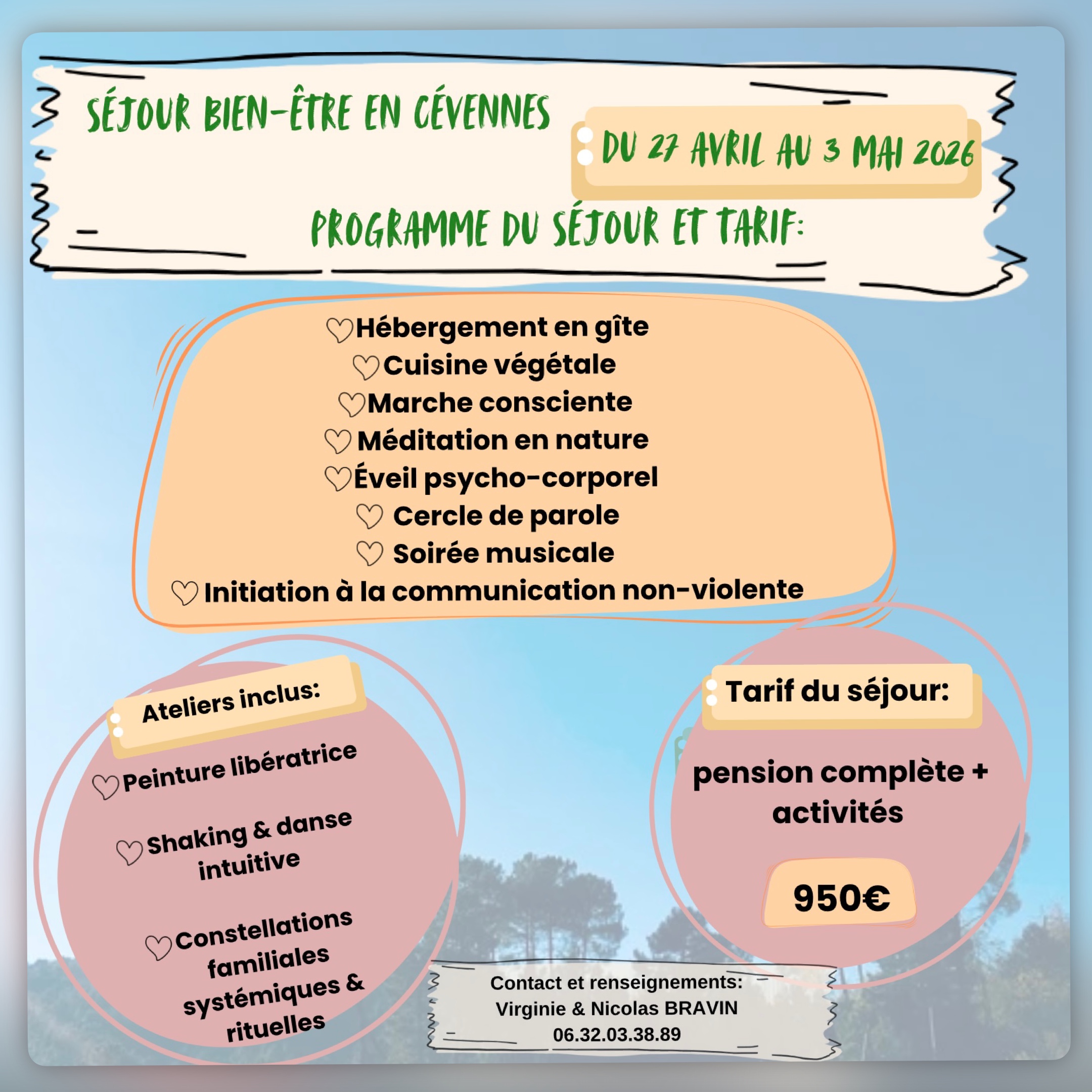 affiche, flyer présentation d'une retraite en Cévennes, bien-être