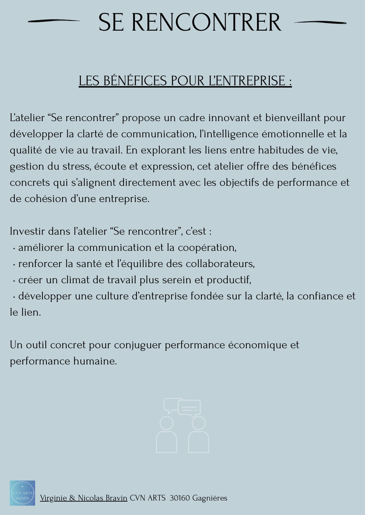 affiche présentant les bénéfices de l'atelier se rencontrer pour les séminaires d'entreprises