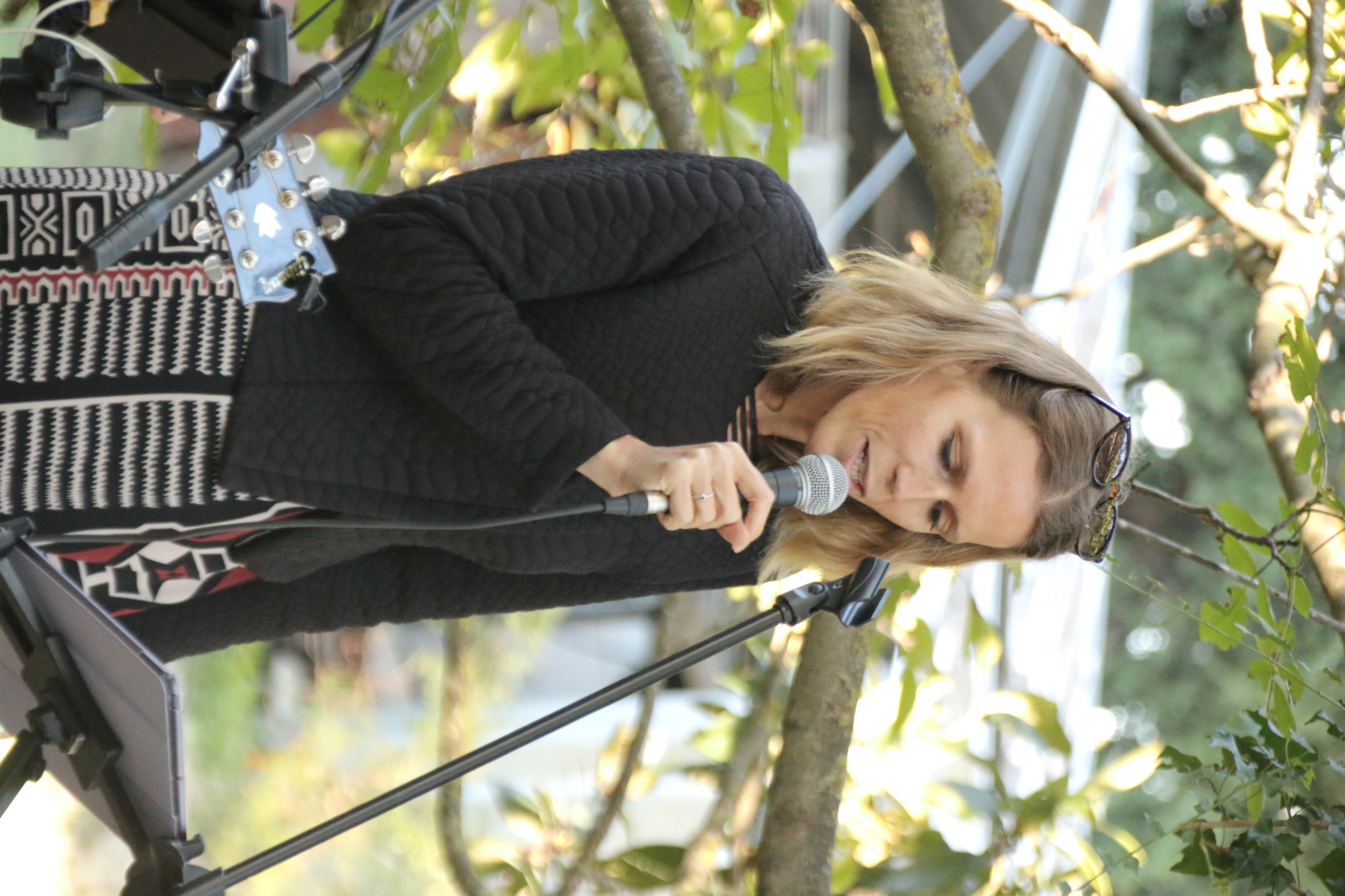 photo de Virginie BRAVIN qui chante dans un micro sur scène