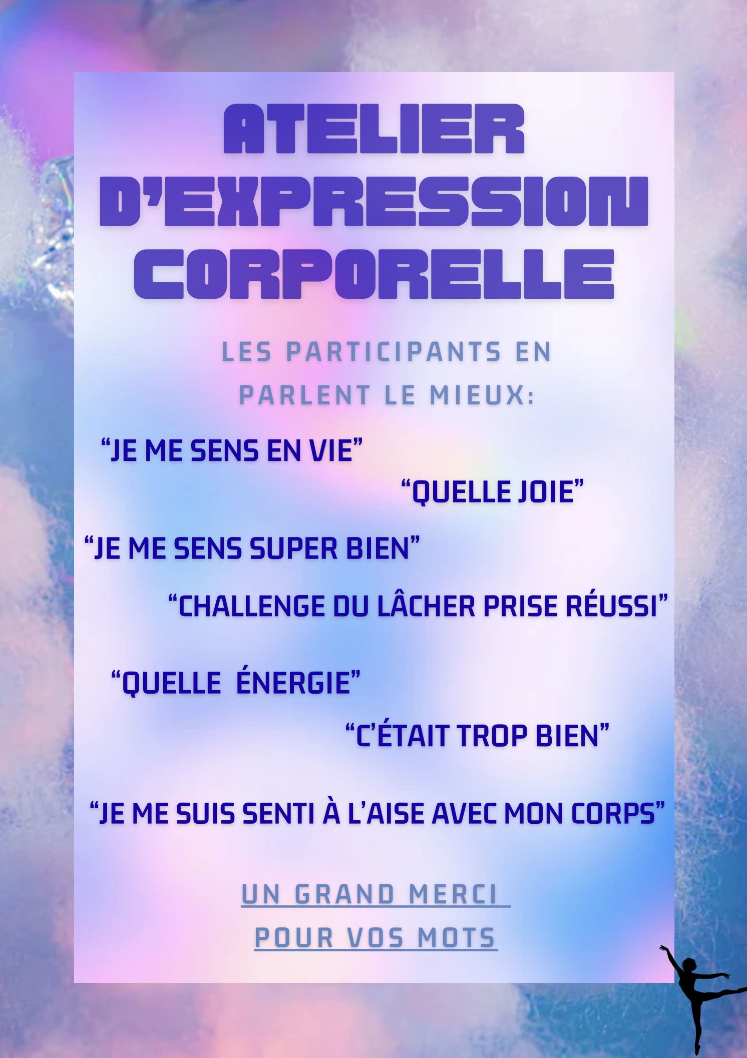 flyer, affiche des témoignages de l'atelier d'expression corporelle de Virginie BRAVIN