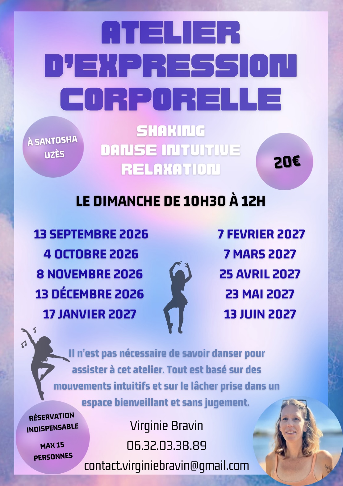 flyer présentation et date de l'atelier d'expression corporelle de Virginie BRAVIN